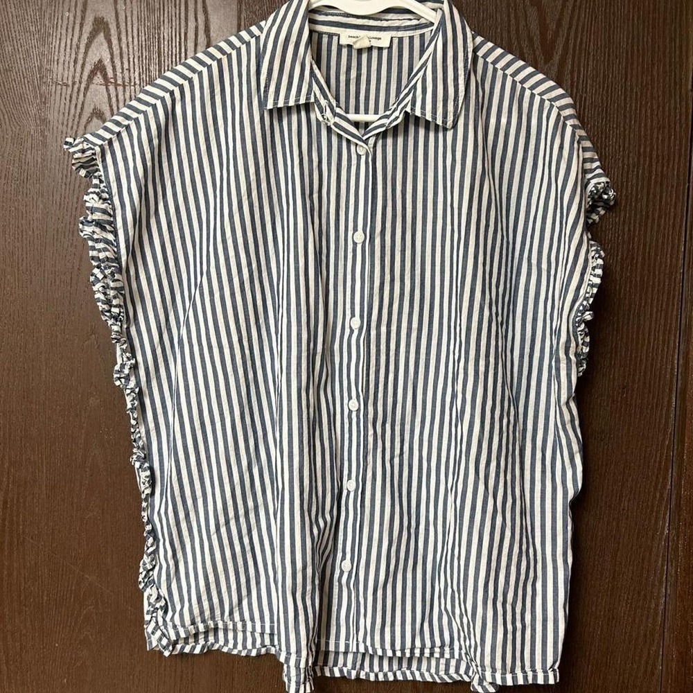 Beachy‎ Blue and White Striped Ruffle Button Up Top